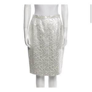 ST JOHN COUTURE Silk Floral Brocade Cream Silver Skirt Ivory A-line Size 8 EUC